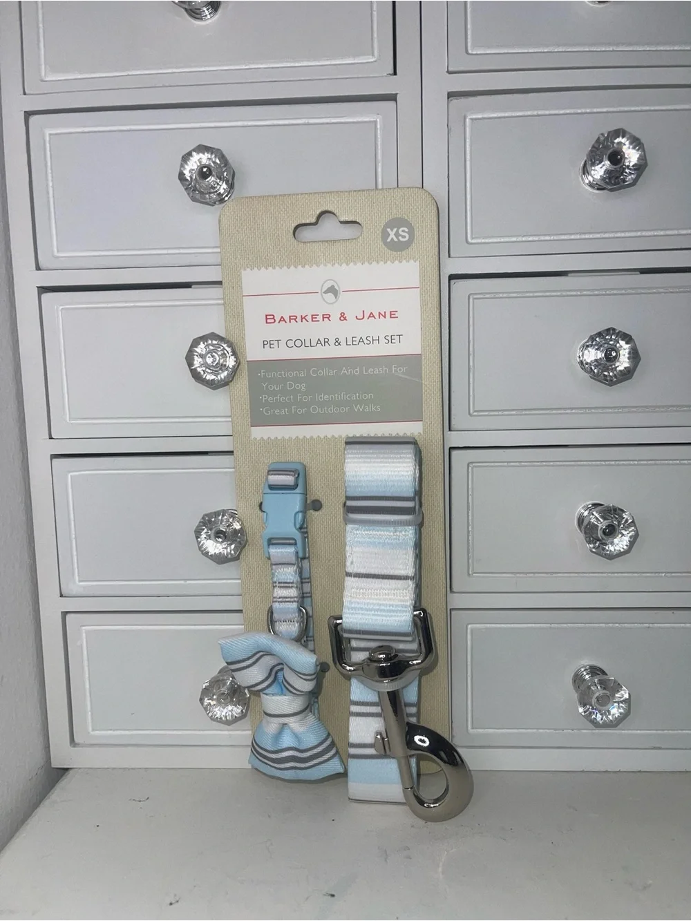 NWT Barker & Jane XS Pet Collar & Leash Set - Light Blue Stripe
